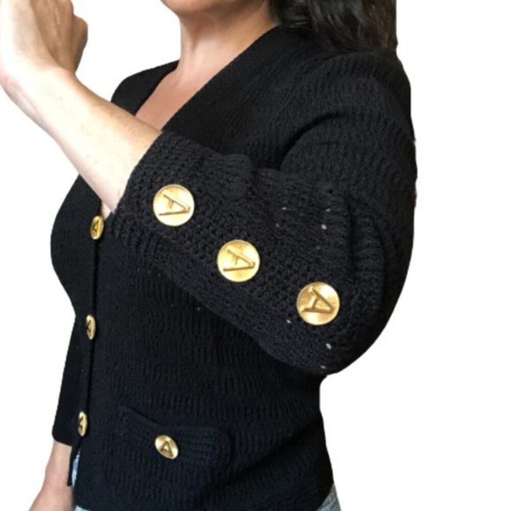 Vtg 70s ADOLFO New York Gold A Button Pointelle Knit ILGWU USA Cardigan Blazer